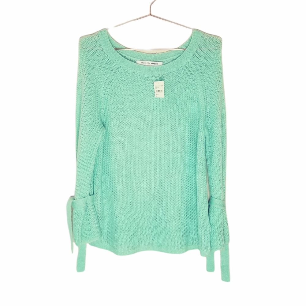 PROJECT NAADAM Mint Green Open Knit Tie Bell Sleeve Sweater Size M